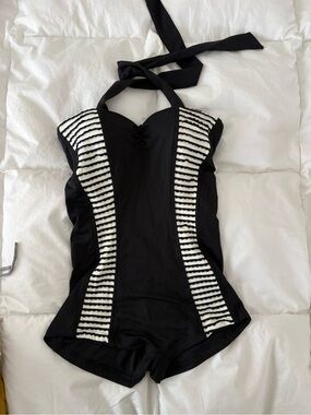 Black One-Piece Seafolly Halter Swimsuit with White Striped Panels